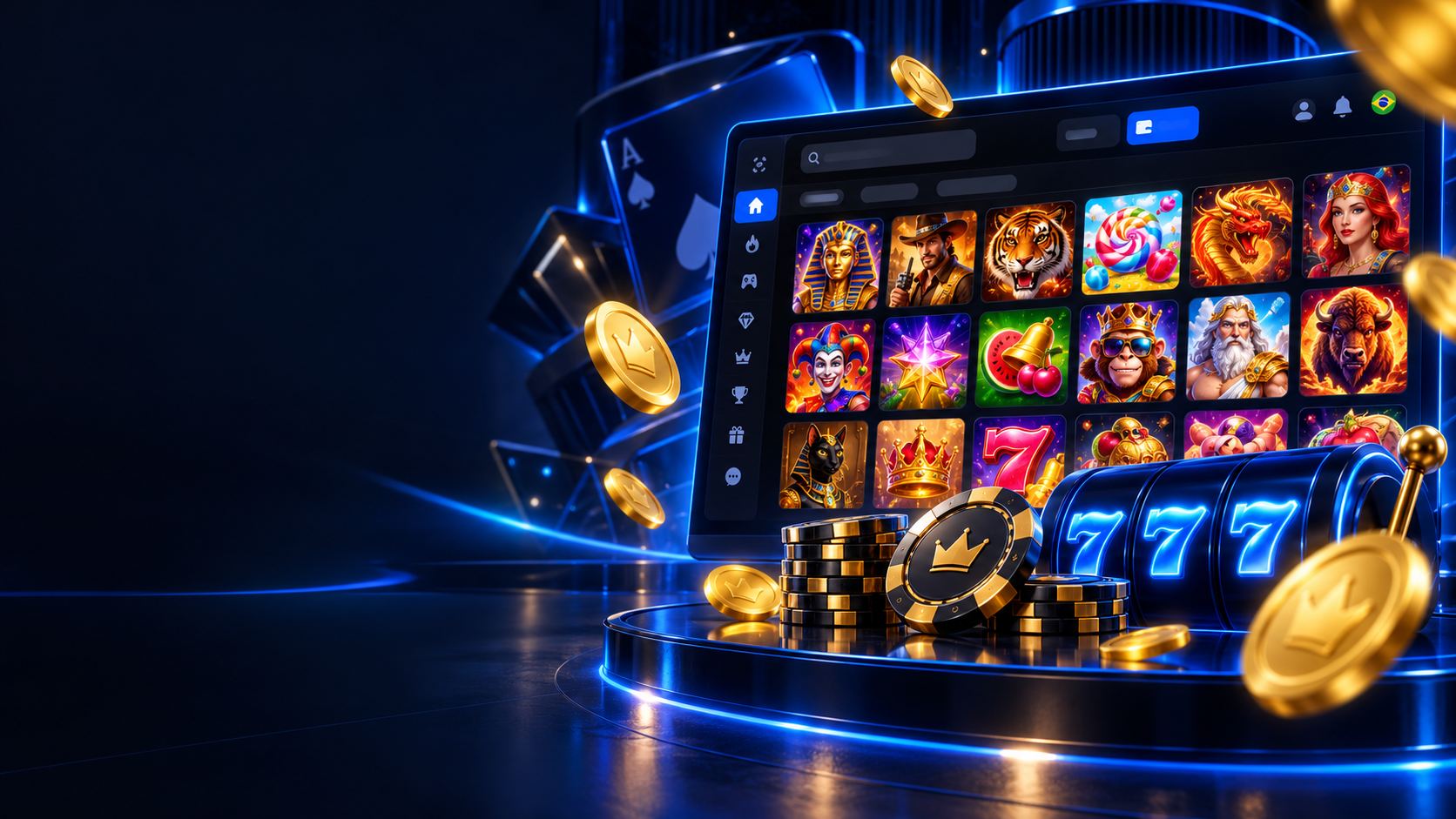 Banner de login da Megaposta em interface azul de cassino online